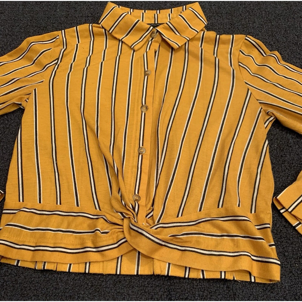 Polly & Esther Shirt Women's M Yellow Stripe Crop Top Long Sleeve‎